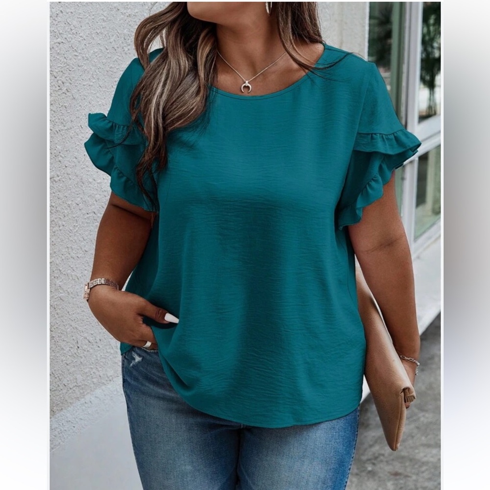 SHEIN Ruffle Trim Petal Short Sleeve Tee Shirt Teal Blue